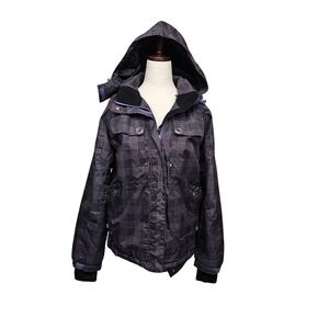 Free Country Jacket Womens Medium Gray Plaid Hooded Insulated Ski Coat‎ Winter
